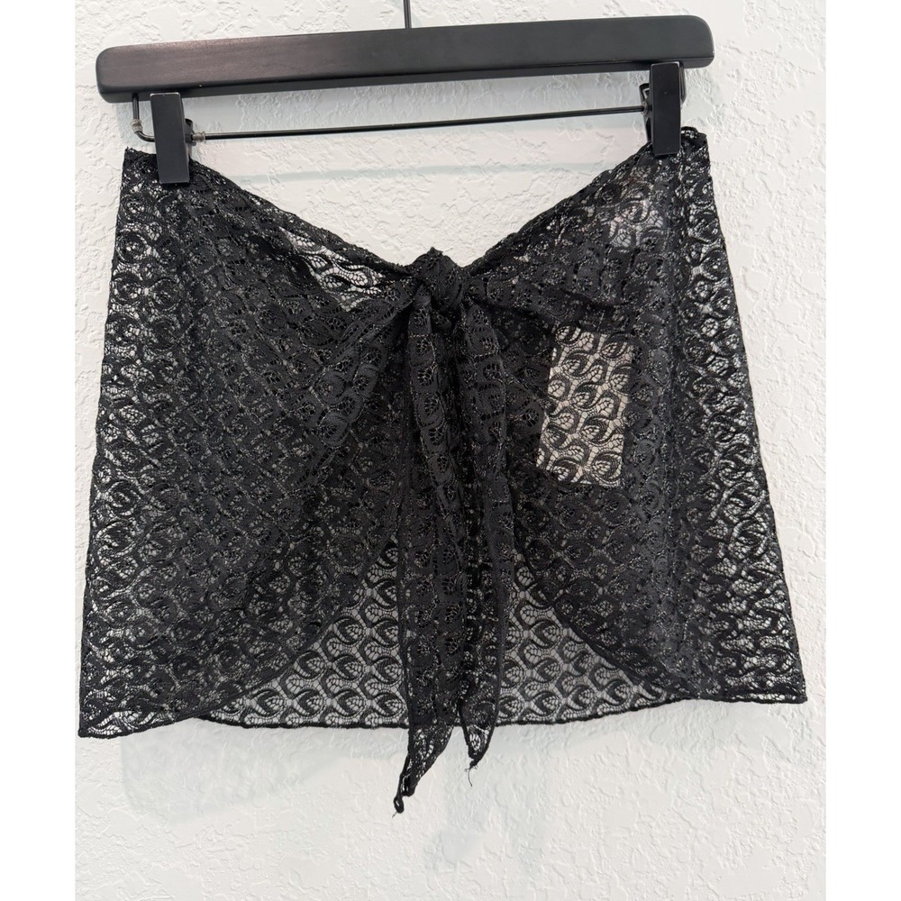MIKEN Swim Women's Black Lace Tie-Front Sheer Cover Up Wrap Skirt M
